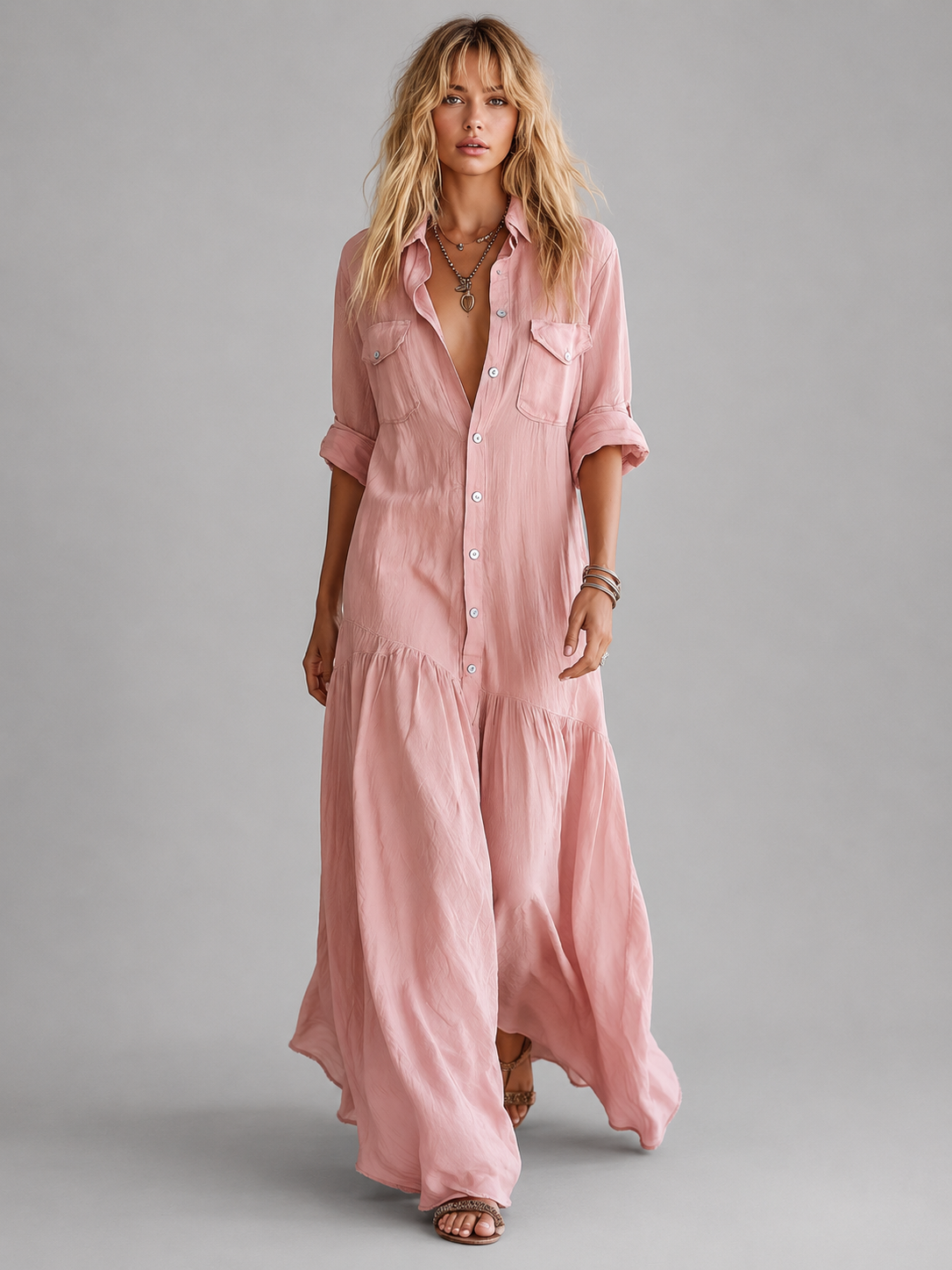 Women's Linen Look Maxi Dress with Button Front