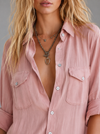 Women's Linen Look Maxi Dress with Button Front