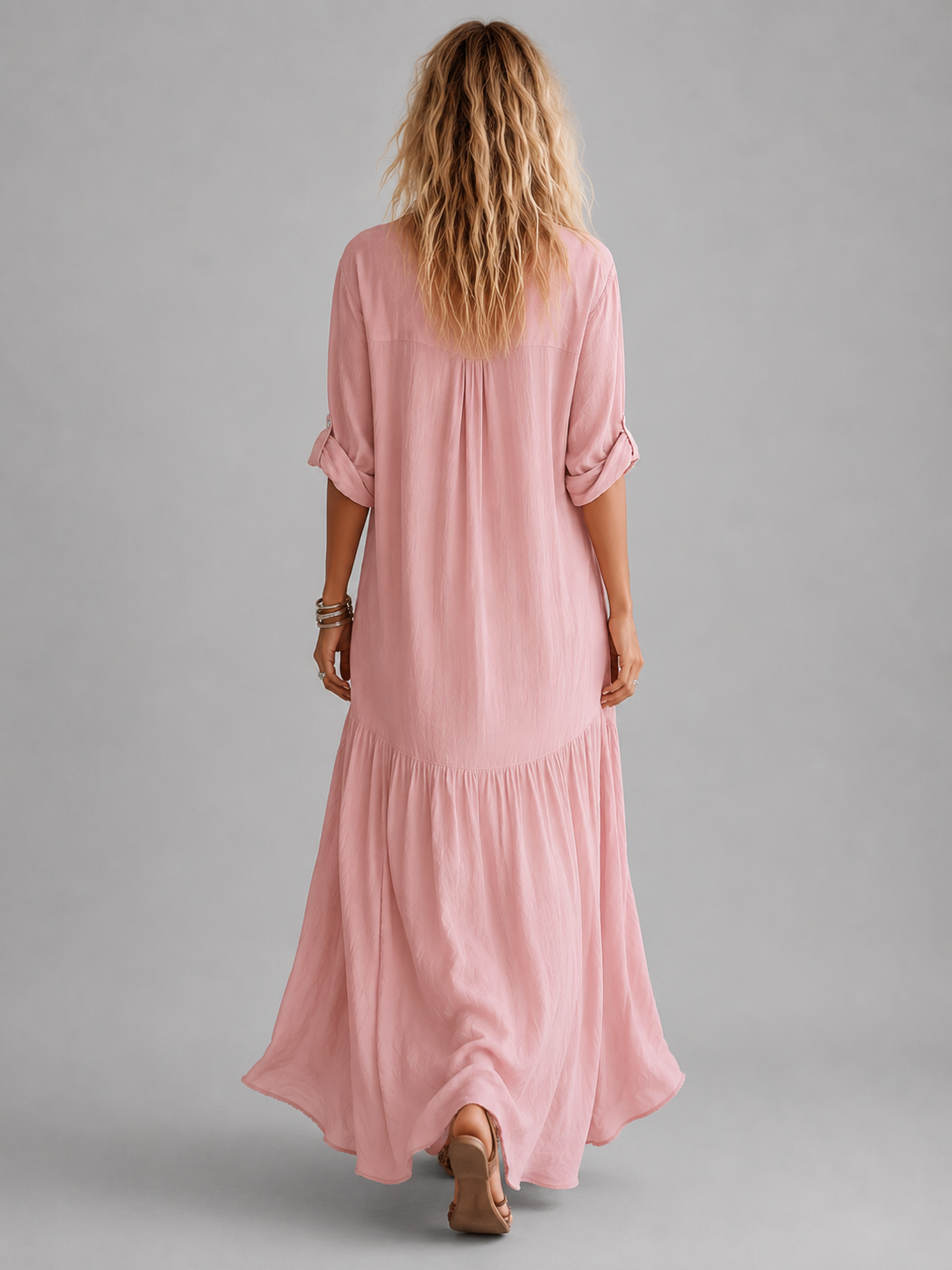 Women's Linen Look Maxi Dress with Button Front