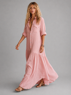 Women's Linen Look Maxi Dress with Button Front