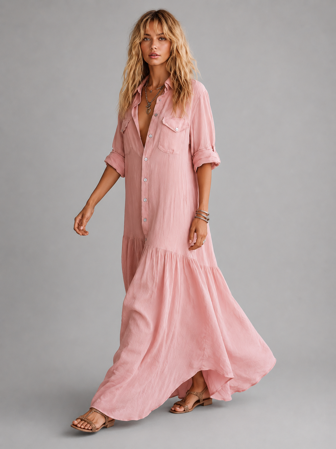 Women's Linen Look Maxi Dress with Button Front