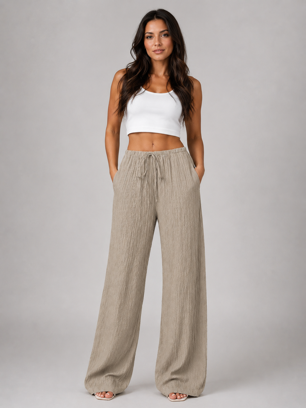 Women's Crinkle Wide Leg Trousers with Drawstring