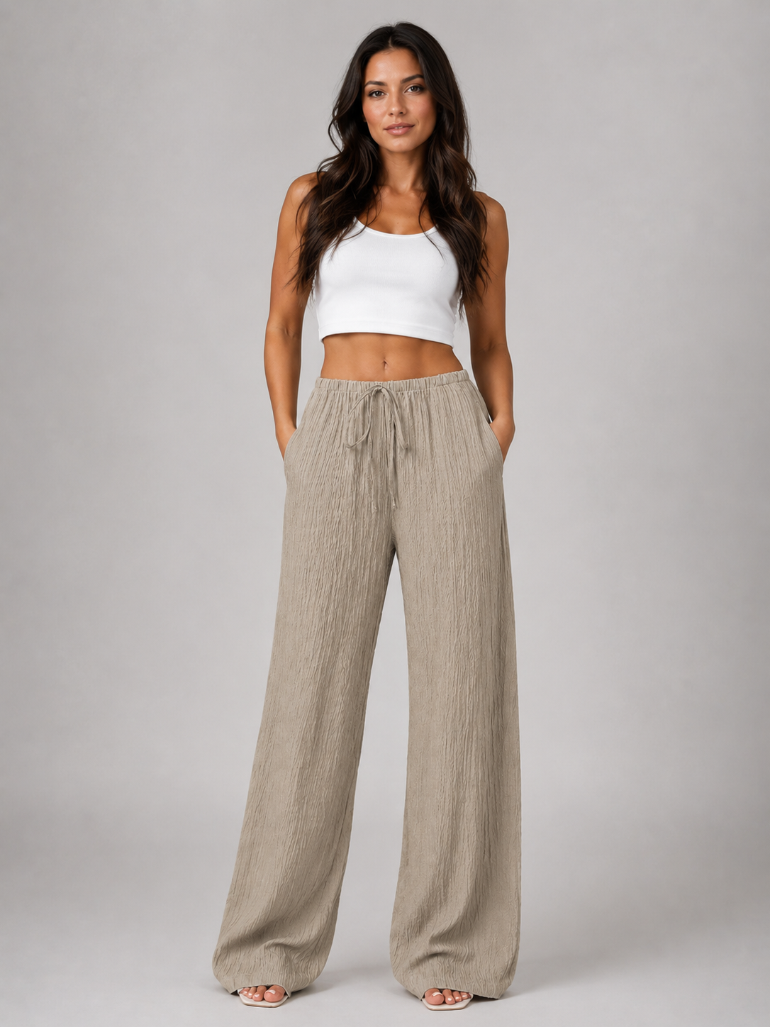 Women's Crinkle Wide Leg Trousers with Drawstring