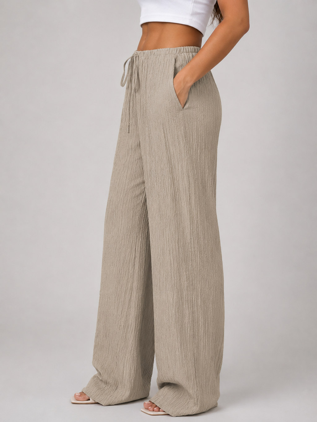 Women's Crinkle Wide Leg Trousers with Drawstring