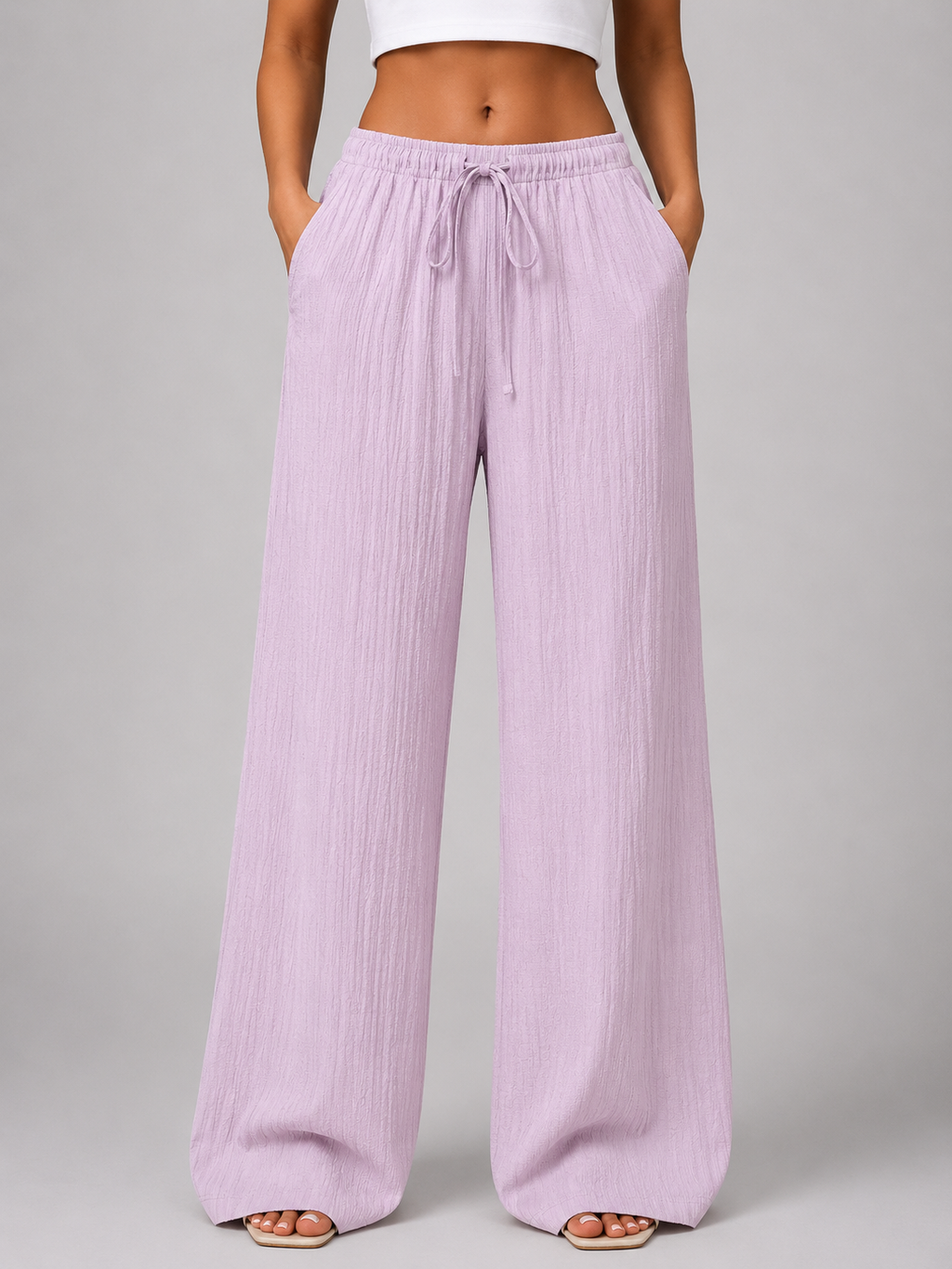 Women's Crinkle Wide Leg Trousers with Drawstring