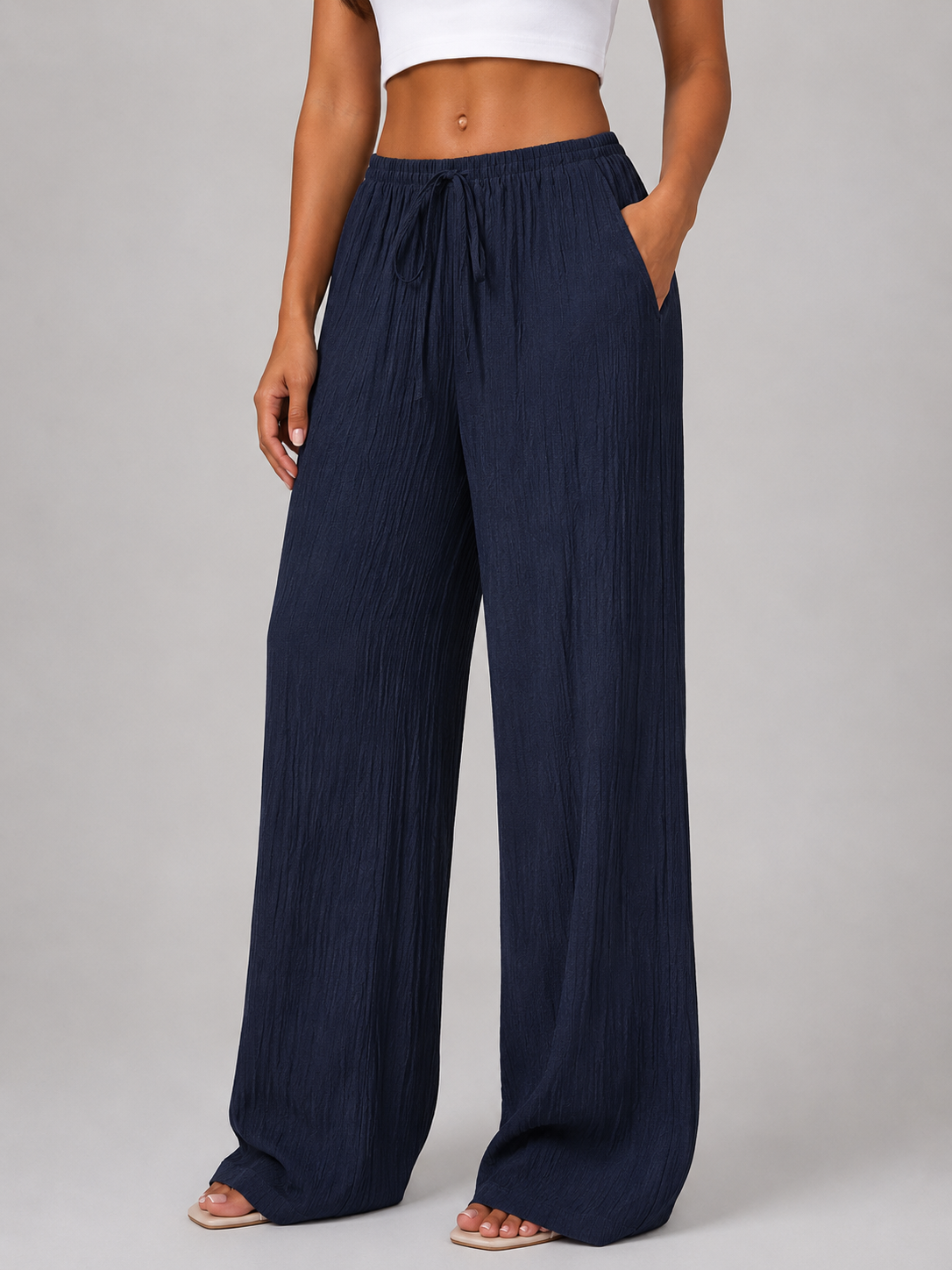 Women's Crinkle Wide Leg Trousers with Drawstring