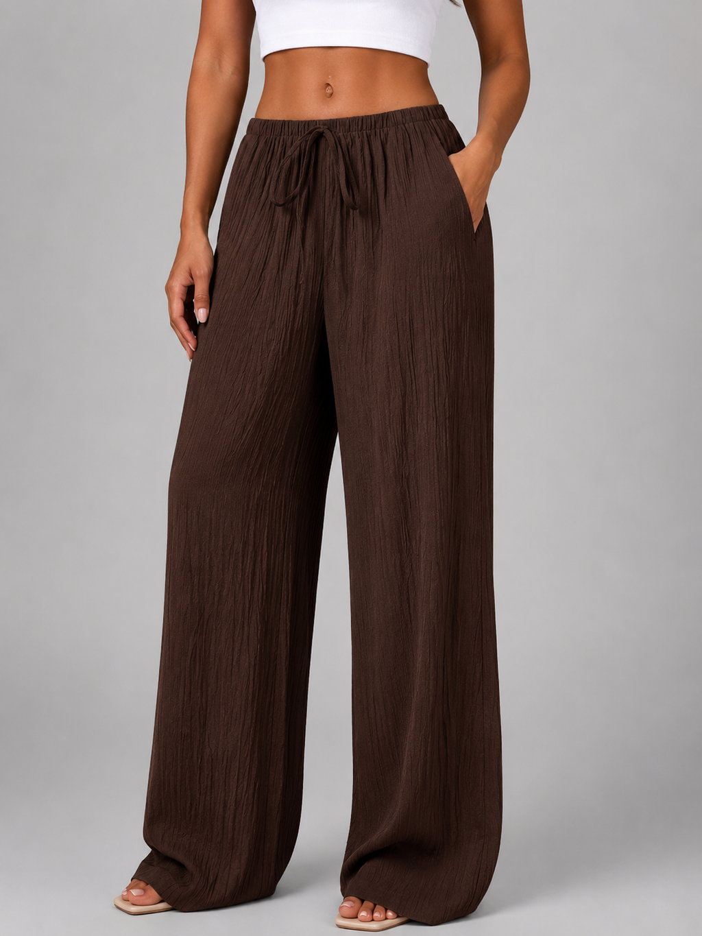 Women's Crinkle Wide Leg Trousers with Drawstring