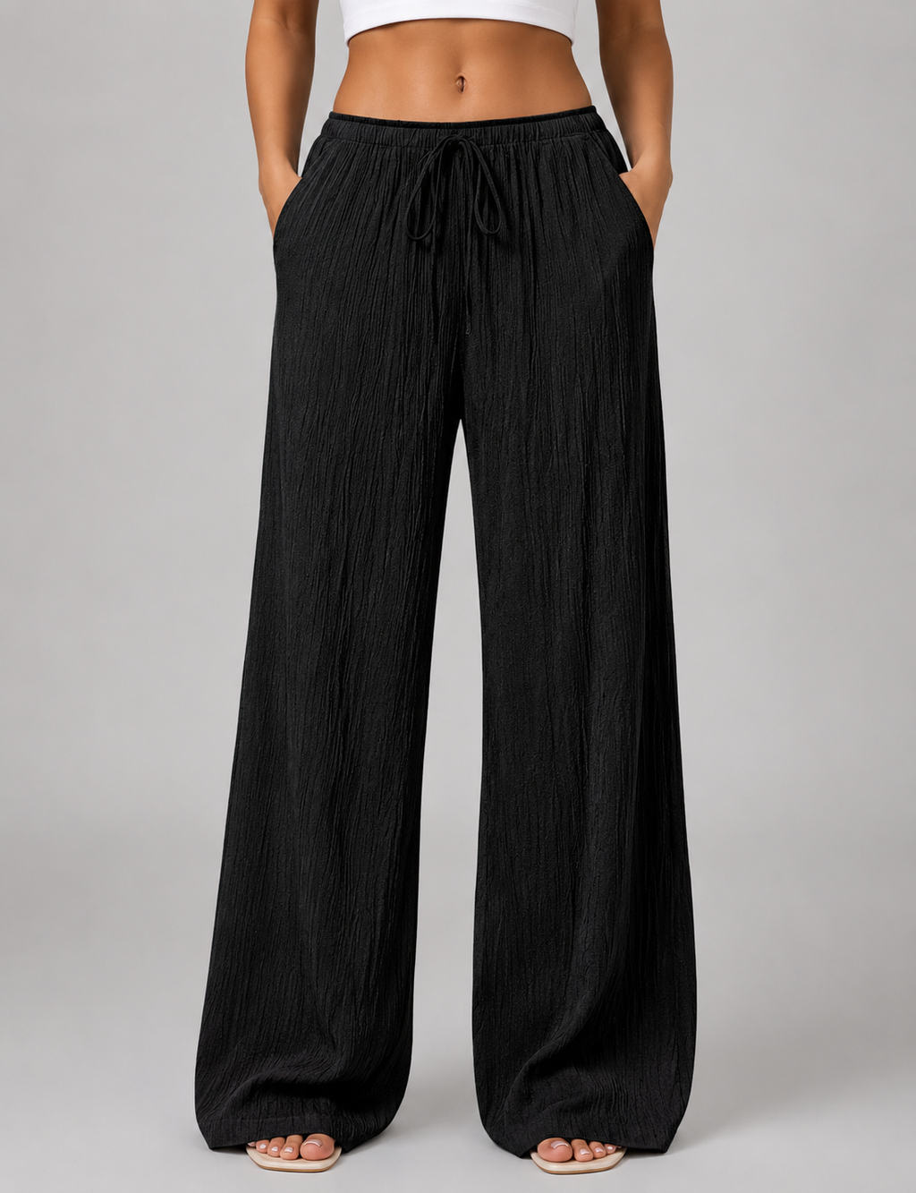 Women's Crinkle Wide Leg Trousers with Drawstring