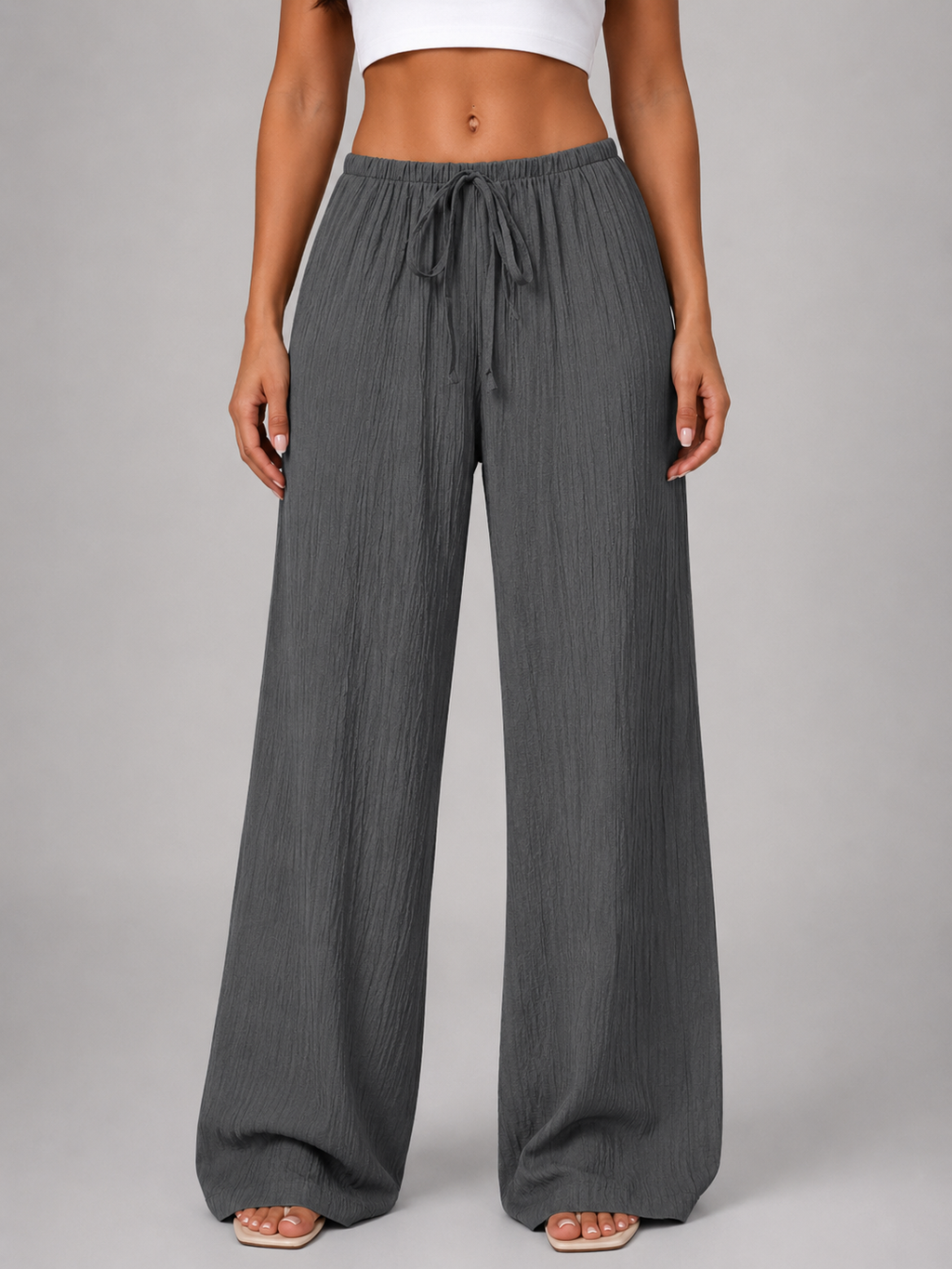 Women's Crinkle Wide Leg Trousers with Drawstring