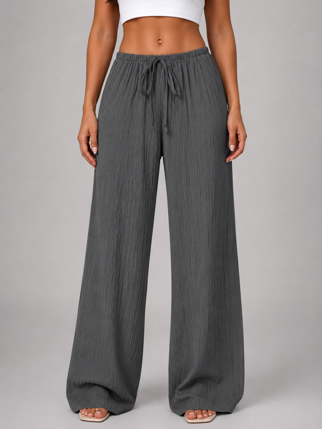 Women's Crinkle Wide Leg Trousers with Drawstring