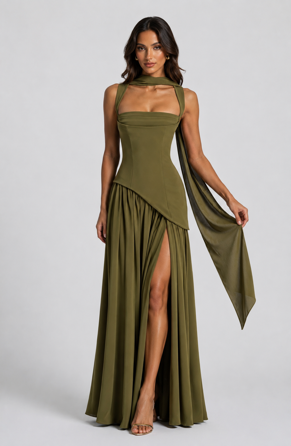 Women's Draped Satin Maxi Dress with Side Slit