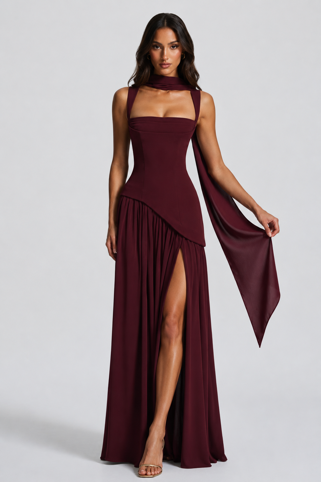 Women's Draped Satin Maxi Dress with Side Slit