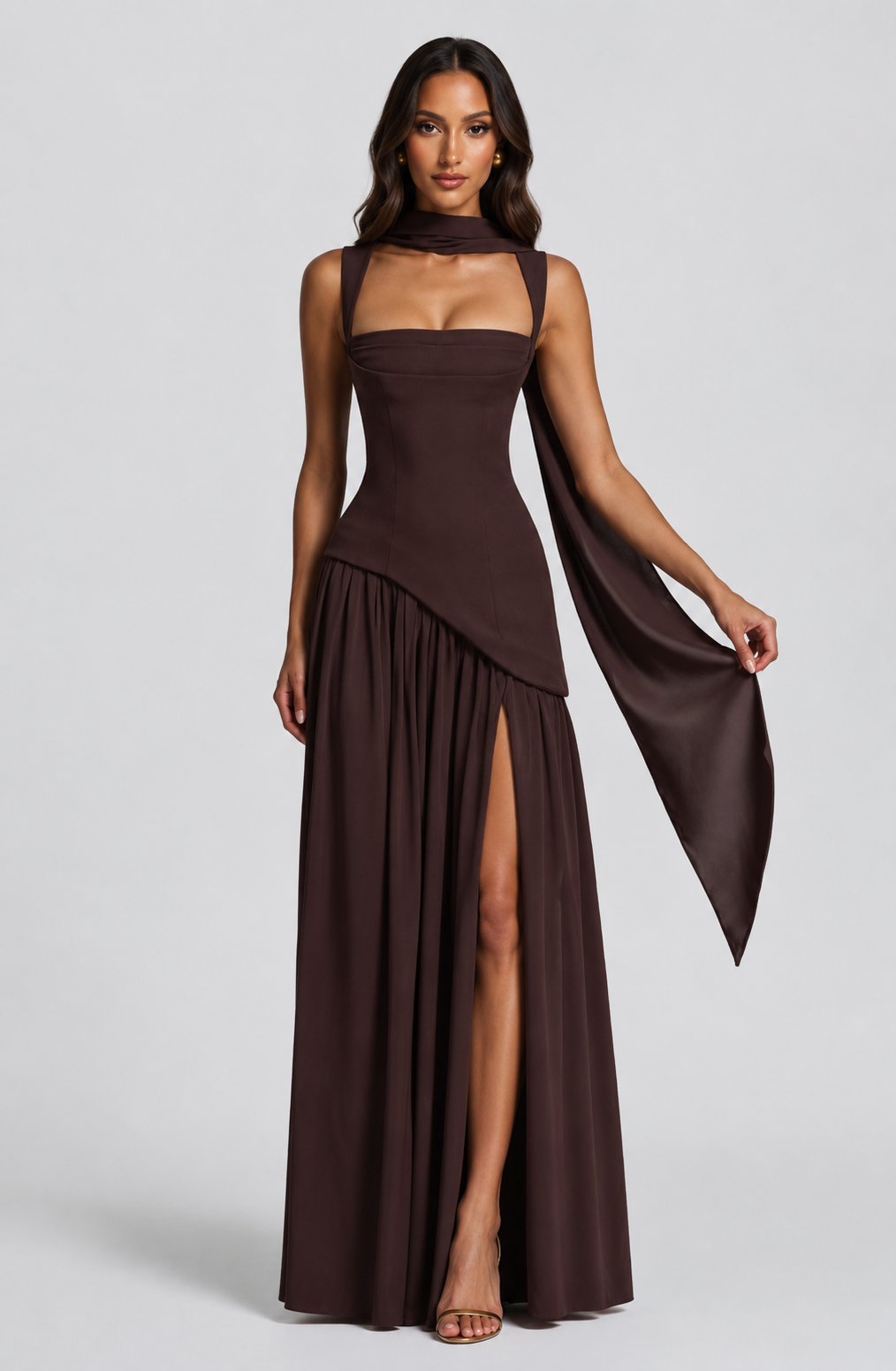 Women's Draped Satin Maxi Dress with Side Slit