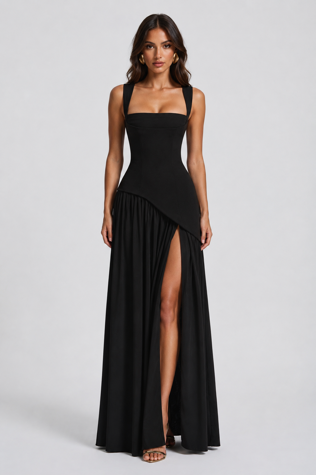 Women's Draped Satin Maxi Dress with Side Slit