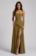 Women's Draped Satin Maxi Dress with Side Slit