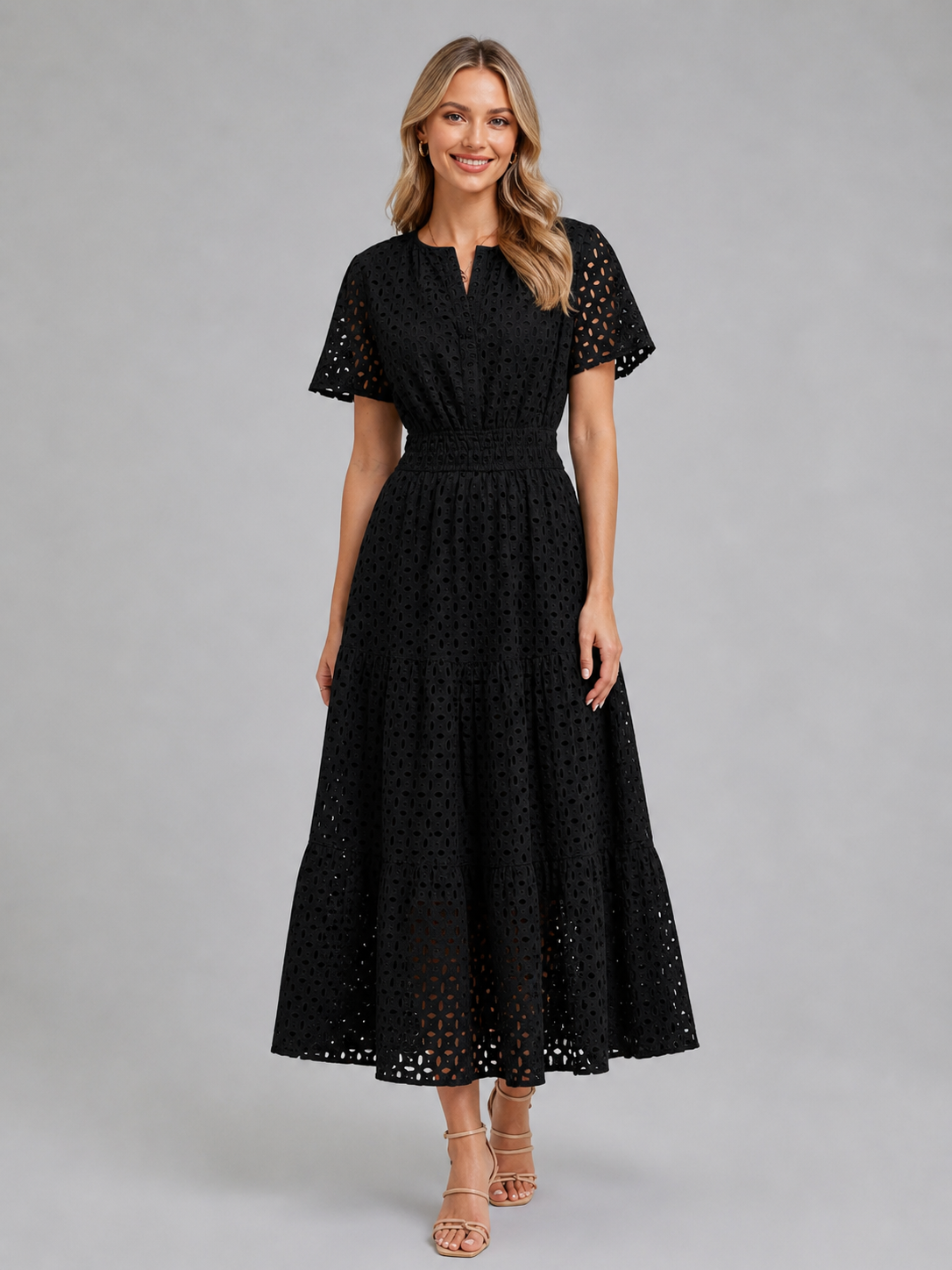 Women's Eyelet A-Line Midi Dress for Summer