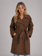Women's Suede Look Trench Coat – Belted Long Double-Breasted Style