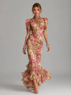 Women's Floral Chiffon Fishtail Maxi Dress