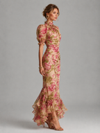Women's Floral Chiffon Fishtail Maxi Dress