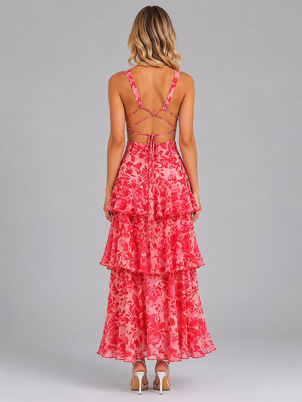 Women's Floral Chiffon Ruffle Maxi Dress