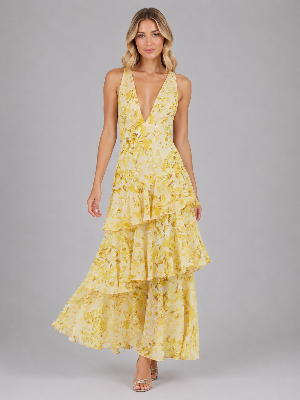 Women's Floral Chiffon Ruffle Maxi Dress