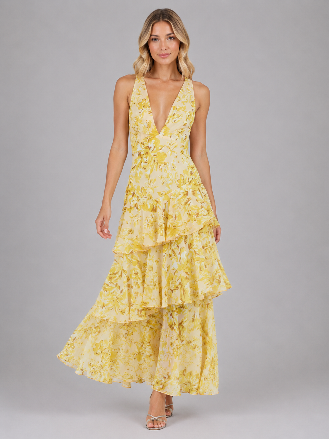 Women's Floral Chiffon Ruffle Maxi Dress