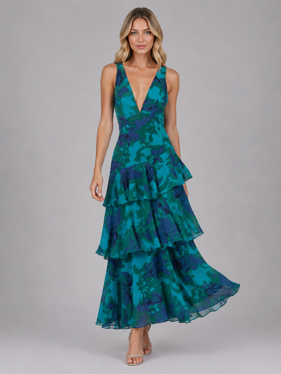 Women's Floral Chiffon Ruffle Maxi Dress