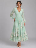 Women's Floral Chiffon V-Neck Midi Dress with A-Line Fit