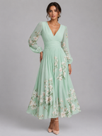 Women's Floral Chiffon V-Neck Midi Dress with A-Line Fit