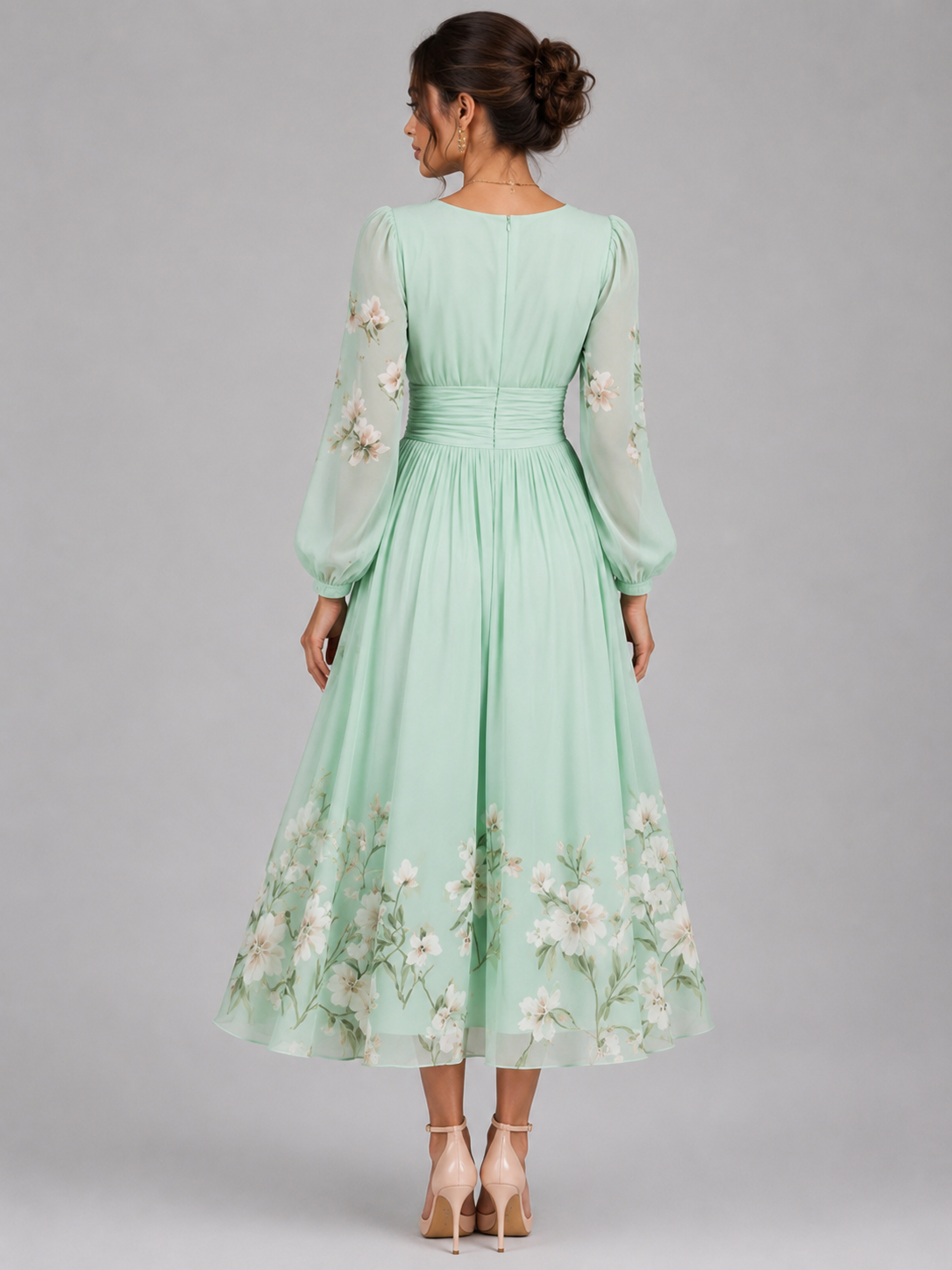 Women's Floral Chiffon V-Neck Midi Dress with A-Line Fit