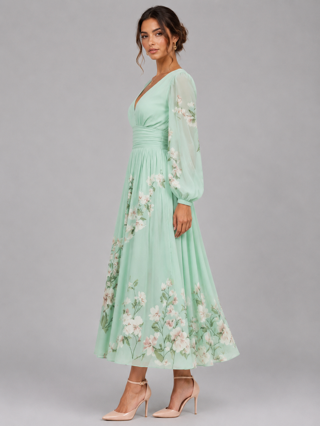 Women's Floral Chiffon V-Neck Midi Dress with A-Line Fit