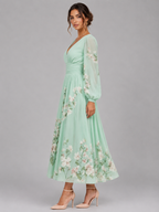 Women's Floral Chiffon V-Neck Midi Dress with A-Line Fit