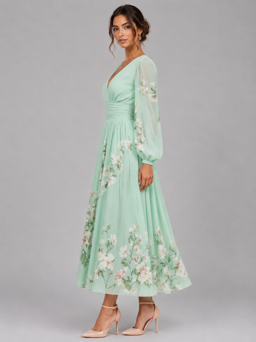 Women's Floral Chiffon V-Neck Midi Dress with A-Line Fit