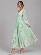 Women's Floral Chiffon V-Neck Midi Dress with A-Line Fit