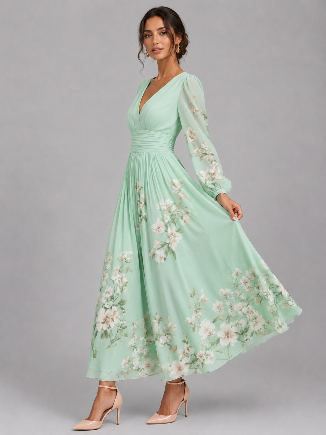 Women's Floral Chiffon V-Neck Midi Dress with A-Line Fit