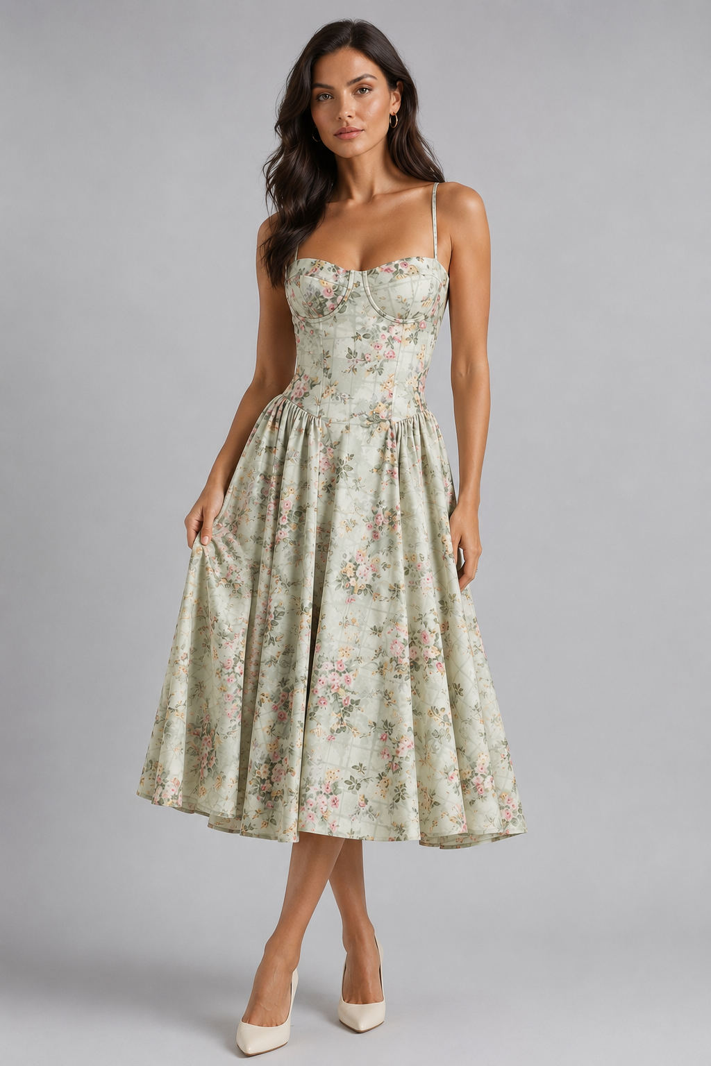 Women's Floral Corset Midi Dress for Wedding Guests