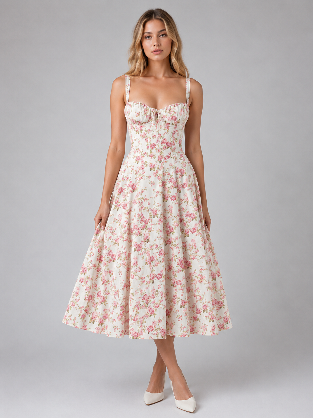 Women's Floral Corset Midi Dress for Wedding Guests