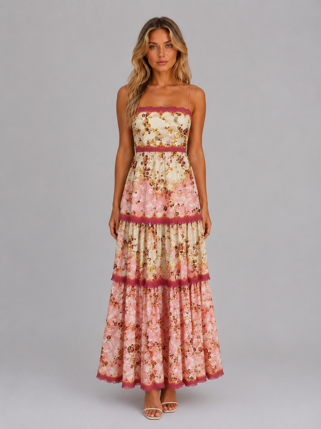 Women's Floral Cut Out Lace-Up Maxi Dress