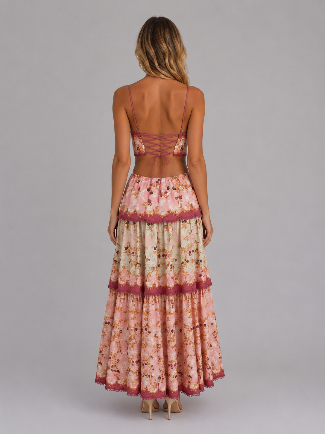 Women's Floral Cut Out Lace-Up Maxi Dress