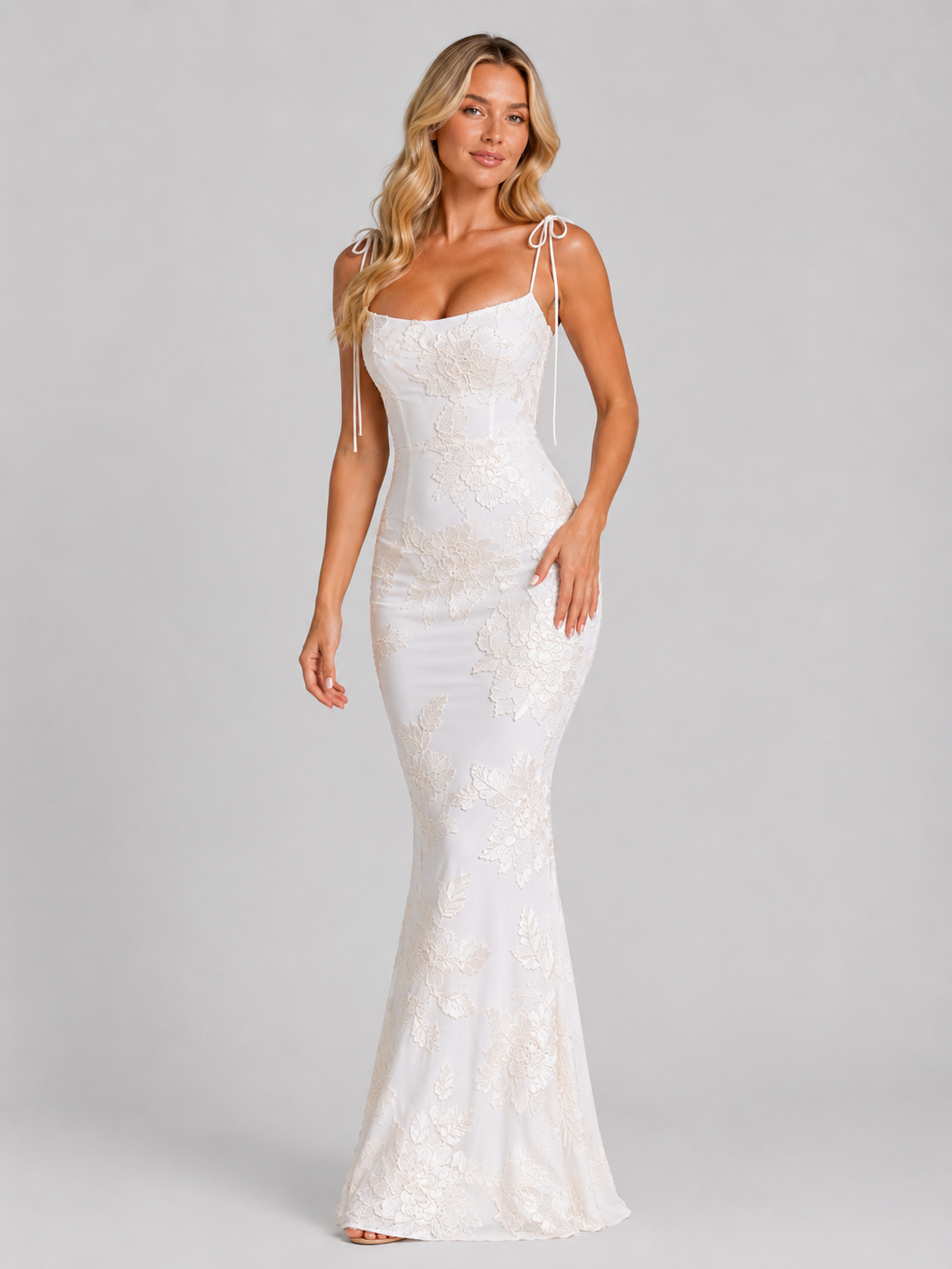 Women's Floral Embroidered Maxi Dress with Tie Straps