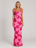 Women's Floral Embroidered Maxi Dress with Tie Straps