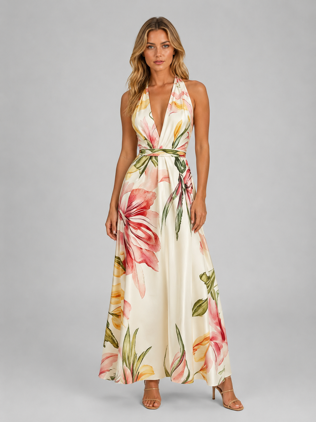 Women's Floral Halter Maxi Dress with Tie Waist