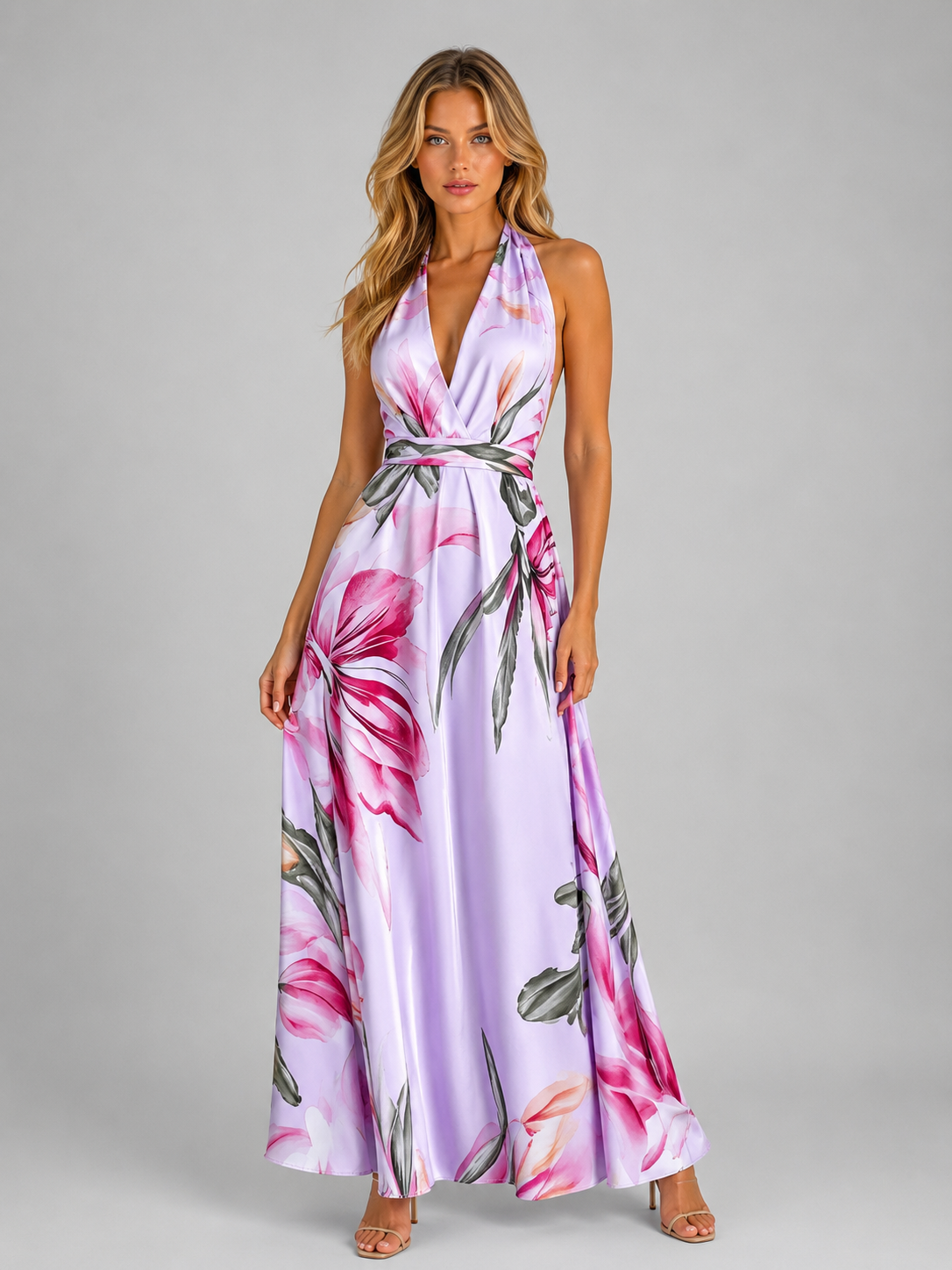 Women's Floral Halter Maxi Dress with Tie Waist