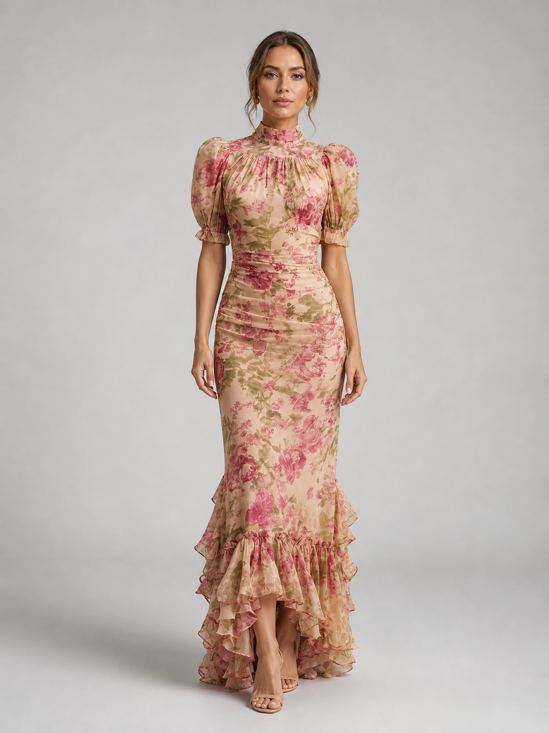 Women's Floral High Neck Ruffle Maxi Dress