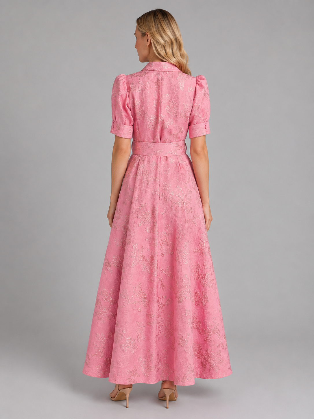 Women's Floral Jacquard Maxi Dress with Belted Waist