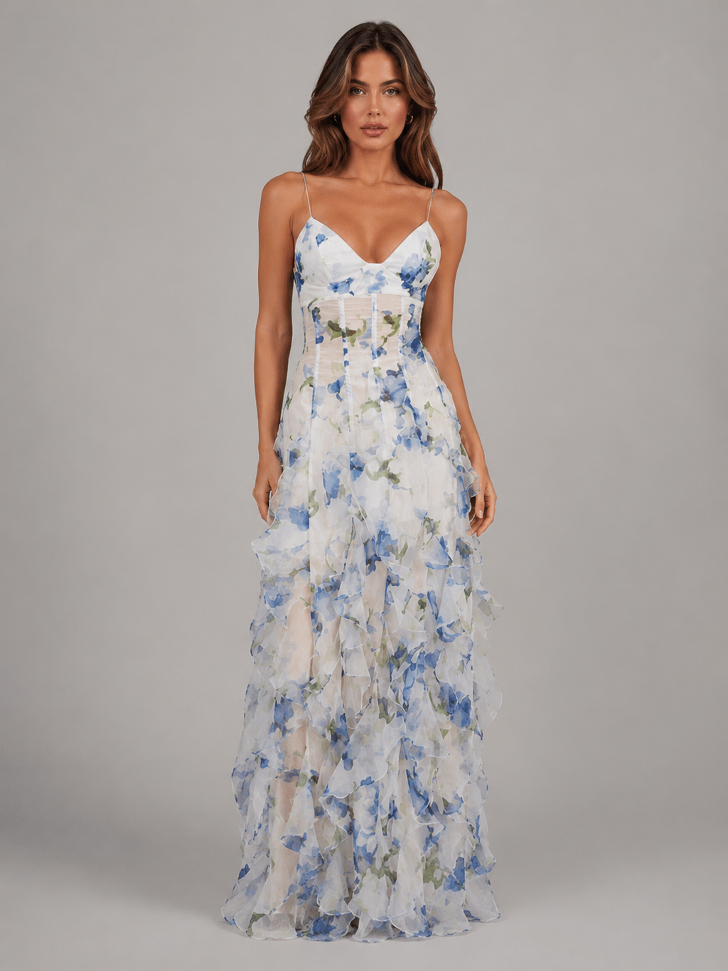 Women's Floral Ruffle Maxi Dress in Chiffon