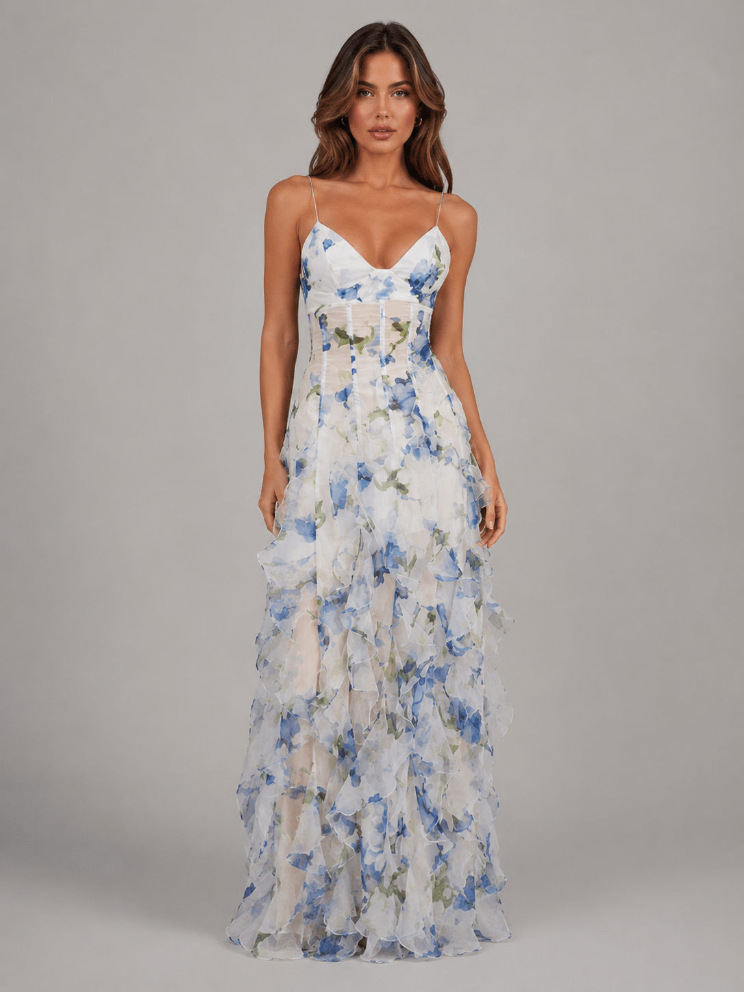 Women's Floral Ruffle Maxi Dress in Chiffon