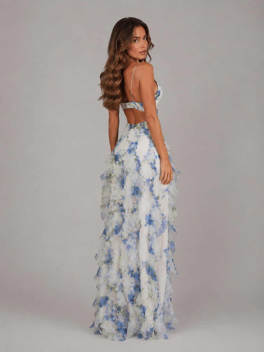 Women's Floral Ruffle Maxi Dress in Chiffon