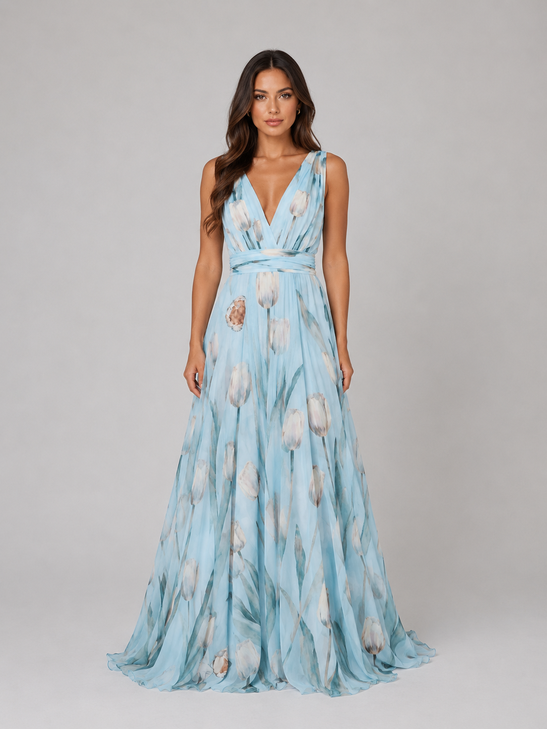Women's Floral V-Neck Maxi Dress with Cinched Waist