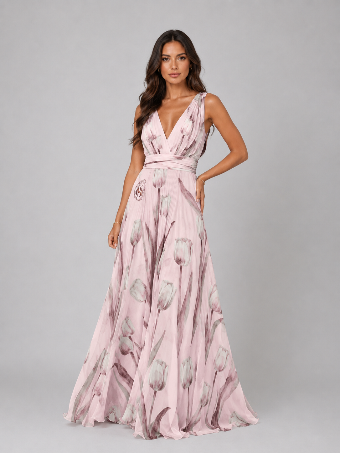 Women's Floral V-Neck Maxi Dress with Cinched Waist